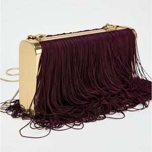 NWT ZARA FRINGE CLUTCH GOLD AND BURGUNDY